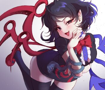 1girl asymmetrical_wings black_dress black_hair black_thighhighs blue_wings bow bowtie breasts center_frills commentary_request dress fang frills gradient_background hand_on_own_chin highres houjuu_nue leaning_forward leg_up looking_at_viewer momonhashi open_mouth pointy_ears red_bow red_bowtie red_shoes red_wings shoes short_dress short_sleeves simple_background smile snake solo thighhighs touhou wings zettai_ryouiki