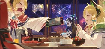 absurdly_long_hair aerial_fireworks animal_ear_headphones animal_ears aqua_halo aris_(blue_archive) black_hair blonde_hair blue_archive blue_eyes blue_halo cat_ear_headphones cat_ears chair closed_mouth dress fake_animal_ears fireworks food forehead game_console green_halo hair_between_eyes hair_ornament hairband halo headphones highres jacket li-mi long_hair long_hair_between_eyes long_sleeves midori_(blue_archive) momoi_(blue_archive) multiple_girls night night_sky nintendo_switch on_chair open_mouth rectangular_halo red_hair sensei_(blue_archive) shirt short_hair siblings sisters sky smile table twins very_long_hair white_shirt window yuzu_(blue_archive)