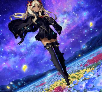 1girl black_dress black_gloves black_thighhighs blonde_hair cape dark-skinned_female dark_skin dress earrings ereshkigal_(fate) ereshkigal_alter_(fate) falling_petals fate/grand_order fate_(series) field flower flower_field full_body fur-trimmed_cape fur_trim game_cg gloves hair_ribbon highres hoop_earrings jewelry long_hair long_sleeves looking_at_viewer morii_shizuki official_art open_mouth outdoors parted_bangs petals purple_sky red_eyes ribbon sky smile solo standing thighhighs third-party_source tiara two_side_up zettai_ryouiki