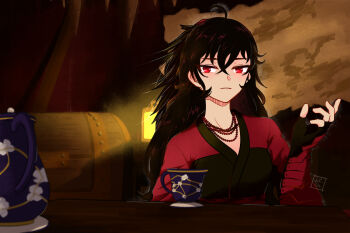 1girl ahoge arm_guards black_hair commentary cup derivative_work english_commentary fingerless_gloves gloves hair_between_eyes hand_up highres japanese_clothes jewelry kimono kyrus_hiki light_blush long_hair multiple_necklaces necklace raven_branwen red_eyes red_kimono rwby screenshot_redraw signature table teacup treasure_chest