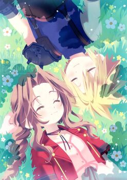 1boy 1girl :3 absurdres aerith_gainsborough arestear0701 armor artist_name belt blonde_hair blue_shirt braid braided_ponytail brown_belt brown_hair chibi chibi_only choker closed_eyes cloud_strife commentary_request dress field final_fantasy final_fantasy_vii final_fantasy_vii_remake flower flower_choker flower_field grass hair_between_eyes hair_ribbon highres jacket light_blush long_hair lying on_back parted_bangs pauldrons pink_dress pink_ribbon red_jacket ribbon shirt short_hair short_sleeves shoulder_armor sidelocks single_braid single_pauldron sleeveless sleeveless_turtleneck smile suspenders turtleneck upper_body