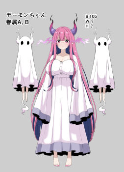 1girl barefoot blush breasts cleavage closed_mouth commentary_request demon_girl demon_horns dress full_body ghost grey_background heka=ton highres horns huge_breasts long_hair looking_at_viewer nail_polish original pink_hair pointy_ears simple_background three_sizes toenail_polish toenails very_long_hair white_dress