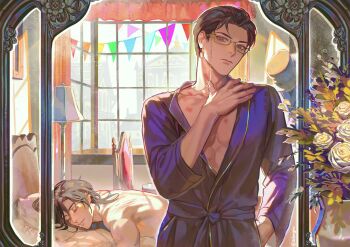 2boys aubergrin bathrobe bed black_hair brown_eyes chair commentary drooling english_commentary floor_lamp flower gehrman_sparrow glasses hair_slicked_back hand_in_pocket hickey highres implied_after_sex indoors klein_moretti lamp leonard_mitchell looking_at_mirror looking_at_viewer lord_of_the_mysteries lying male_focus medium_hair mirror morning multiple_boys on_stomach open_clothes open_robe pectoral_cleavage pectorals pennant pillow robe semi-rimless_eyewear short_hair sleeping string_of_flags topless_male under-rim_eyewear vase white_flower window yaoi