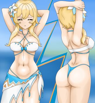 1girl armpits arms_behind_head ass bikini blonde_hair breasts cleavage closed_eyes covered_erect_nipples genshin_impact highres huge_ass large_breasts legs lumine_(genshin_impact) multiple_views navel parted_lips sarong short_hair sideboob solo swimsuit teeth thighs thong_bikini toned