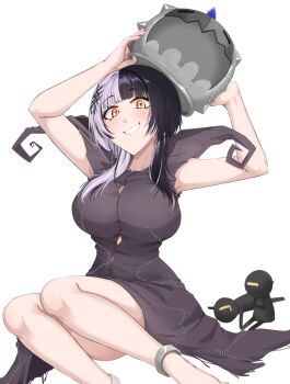 1girl arms_up black_hair breasts button_gap character_costume dress grey_dress grey_hair highres hololive hololive_english large_breasts long_hair looking_at_viewer mmneko multicolored_hair novelites_(shiori_novella) shiori_novella simple_background solo split-color_hair transparent_background two-tone_hair virtual_youtuber yellow_eyes