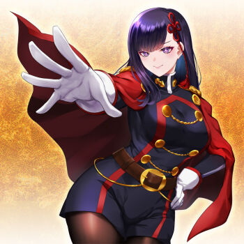 1girl anti-demon_corps_uniform belt black_hair black_pantyhose blunt_bangs breasts brown_belt cape commentary_request dtcy gloves hair_ribbon highres large_breasts long_hair long_sleeves looking_at_viewer mato_seihei_no_slave military_uniform pantyhose purple_eyes red_cape ribbon smile solo white_gloves yamashiro_ren