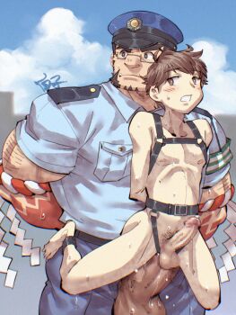 abs anal bara blush censored chest_harness colored_skin cowboy_shot facial_hair forked_eyebrows girthy_penis hachimaki harness headband highres huge_penis large_pectorals looking_at_viewer male_focus mature_male mosaic_censoring muscular muscular_male mutton_chops nejiri_hachimaki nipples official_alternate_costume pectorals penis police police_uniform policeman protagonist_4_(housamo) red_skin reverse_suspended_congress sanpaku sex sex_from_behind shirako_(kirupi) short_hair size_difference skinny sweat tajikarao_(housamo) thick_eyebrows tokyo_houkago_summoners tusks yaoi