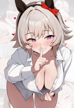 1girl absurdres animal_ears areola_slip blush bow breasts cleavage clothes_pull curren_chan_(umamusume) dush_1154 ear_bow ear_covers finger_to_mouth heart highres horse_ears horse_girl index_finger_raised large_breasts long_sleeves looking_at_viewer naked_shirt naughty_face pulling_own_clothes purple_eyes red_bow shirt shirt_pull short_hair shushing smile solo thighs umamusume zoom_layer
