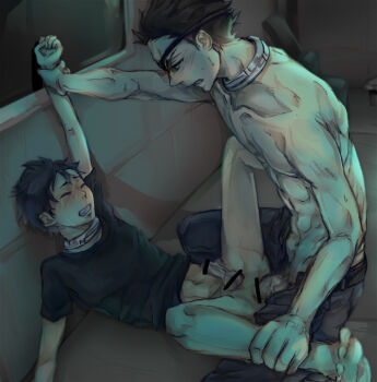 2boys abs anal arm_grab barefoot blush bottomless butterfly_position censored clenched_teeth collar crying deadman_wonderland eyepatch holding_another&#039;s_wrist igarashi_ganta leg_grab lying male_focus male_penetrated manly multiple_boys muscular on_back on_floor open_fly penis pointless_censoring rape restrained senji_kiyomasa sex shirt shota sweat t-shirt tears teeth topless_male unzipped yaoi
