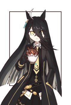 1girl agnes_tachyon_(umamusume) ahoge animal_ears belt black_belt black_choker black_coat black_gloves black_skirt black_vest brown_hair chibi choker closed_mouth coat collared_shirt ear_ornament ear_tag earrings gloves hair_between_eyes hem_peeking_out highres horse_ears horse_girl jewelry long_bangs long_hair long_hair_between_eyes manhattan_cafe_(umamusume) multicolored_hair pleated_skirt red_eyes shirt single_earring skirt smile solo solo_focus sumikaracafe umamusume very_long_hair vest white_hair white_shirt yellow_eyes
