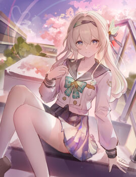 1girl black_hairband blush bow breasts closed_mouth collarbone commentary_request feet_out_of_frame firefly_(honkai:_star_rail) firefly_(spring_missive)_(honkai:_star_rail) green_bow grey_hair grey_skirt hair_between_eyes hair_intakes hair_ornament hairband highres honkai:_star_rail honkai_(series) long_hair long_sleeves looking_at_viewer medium_breasts official_alternate_costume outdoors pink_eyes plaid_bow plaid_clothes plaid_skirt school_uniform shirt sitting skirt smile solo soukl.m thighhighs white_shirt white_thighhighs