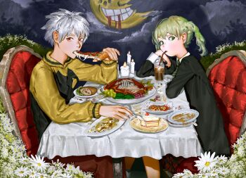 1boy 1girl black_jacket black_sweater blonde_hair blood blood_from_mouth candle collared_shirt commentary cup drinking drinking_straw eating english_commentary feet_out_of_frame flower food grey_eyes grey_hair hair_between_eyes head_on_hand highres holding holding_food holding_pizza jacket maka_albarn necktie pants photoshop_(medium) pizza red_eyes red_pants shirt short_hair sitting soul_eater soul_evans striped_necktie sweater table teeth twintails two-tone_sweater upper_body vitagazer white_flower white_shirt yellow_sleeves yellow_sweater
