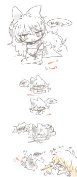 2girls angry black_hair blake_belladonna blonde_hair bow comic highres laser_pointer multiple_girls rapop rwby simple_background yang_xiao_long yellow_eyes