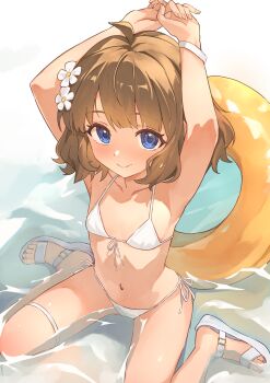 1girl absurdres arms_up b1ack_illust bikini blue_eyes brown_hair closed_mouth commentary commission flat_chest flower from_above front-tie_bikini_top front-tie_top hair_flower hair_ornament highres huge_filesize idolmaster idolmaster_million_live! innertube looking_at_viewer navel on_ground pixiv_commission sandals short_hair side-tie_bikini_bottom sitting smile solo string_bikini suou_momoko swim_ring swimsuit thigh_strap wariza water white_bikini white_flower white_sandals