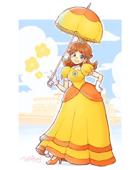 1girl absurdres artist_name blue_eyes breasts brown_hair commission commissioner_upload crown dress earrings flower flower_earrings full_body gloves hand_on_own_hip high_heels highres holding holding_umbrella jewelry looking_at_viewer mario_(series) medium_breasts medium_hair nintendo non-web_source orange_shoes parasol parted_lips princess_daisy puffy_short_sleeves puffy_sleeves ship shoes short_sleeves signature smile topsieturvy umbrella watercraft white_gloves yellow_dress