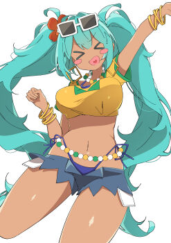 >_< 1girl :d absurdres aqua_hair arm_up bead_necklace beads bikini bikini_under_clothes blue_bikini blush_stickers bracelet brazilian_flag brazilian_miku breasts commentary cowboy_shot cropped_shirt cutoffs dark-skinned_female dark_skin english_commentary exposed_pocket eyewear_on_head flower gold_bracelet green_trim hair_flower hair_ornament hand_up hatsune_miku heart heart_in_mouth highres jewelry large_breasts leg_up long_hair multiple_bracelets navel necklace no_nose open_clothes open_fly open_mouth open_shorts outstretched_arm red_flower shirt short_shorts short_sleeves shorts side-tie_bikini_bottom simple_background smile solo standing standing_on_one_leg stomach straight-on sunglasses swimsuit twintails uruti_2388 v-shaped_eyebrows very_long_hair vocaloid white-framed_eyewear white_background yellow_shirt