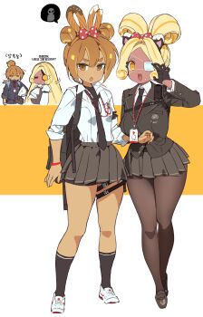 2girls :d :o @_@ animal_ear_hairband animal_ears arm_at_side backpack bag bike_shorts bike_shorts_under_skirt black_bag black_gloves black_hairband black_jacket black_necktie black_pantyhose black_shoes black_socks blonde_hair bow bracelet breasts brown_eyes brown_hair brown_hairband buttons cat_ear_hairband cat_ears claw_pose collared_shirt cookie_run cookie_run:_ovenbreak croissant_cookie crossed_ankles curly_sidelocks dot_nose double-parted_bangs double_bun dual_persona eyepatch fake_animal_ears food food_on_face full_body gloves grey_skirt hair_between_eyes hair_bow hair_bun hair_intakes hairband hand_up highres humanization jacket jewelry kneehighs korean_text lanyard lapels large_breasts legs_apart legs_together letterboxed loafers looking_at_viewer medical_eyepatch miniskirt minnie_mouse_ears multicolored_hair multiple_girls necktie ohta_guk_hip one_eye_covered open_mouth orange_background orange_hair outside_border pantyhose parted_bangs pleated_skirt polka_dot polka_dot_bow red_bow shirt shoes short_hair simple_background skirt small_breasts smile sneakers socks speech_bubble standing streaked_hair three-quarter_sleeves timekeeper_cookie tongue translation_request two-tone_bow two-tone_hair v-shaped_eyebrows white_bow white_shirt white_shoes yellow_eyes zoom_layer