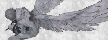 1boy absurdres aotsuki_eito black_bag black_gloves feathered_wings from_above gloves grey_background grey_hair highres hugging_object jacket male_focus paper_texture short_hair solo sparrowhabird squatting the_hundred_line_-last_defense_academy- white_jacket wings