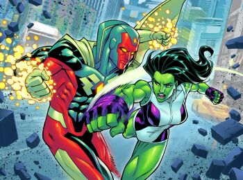 1boy 1girl cape car city clenched_hands colored_sclera colored_skin commentary covered_abs english_commentary fighting fingerless_gloves forehead_jewel gloves glowing glowing_eyes green_cape green_eyes green_hair green_skin highres jennifer_walters joeyvazquezart leotard long_hair looking_at_another marvel motion_blur motion_lines motor_vehicle multicolored_leotard muscular muscular_female muscular_male no_pupils official_art open_mouth purple_gloves purple_leotard robot rubble she-hulk superhero_costume transformation two-tone_leotard vision_(marvel) western_comics_(style) white_leotard yellow_sclera