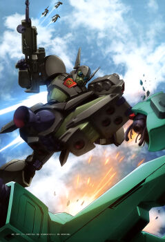 absurdres artist_request battle beam_rifle cloud cloudy_sky crossbone_vanguard debris decapitation den'an_gei destruction duel earth_federation emblem energy_gun flying gundam gundam_f91 gundam_perfect_file highres jegan kicking machinery magazine_scan mecha mecha_focus missile missile_pod mobile_suit motion_blur no_humans official_art promotional_art robot roundel scan scene_reference science_fiction sky space_habitat sparks thrusters traditional_media weapon