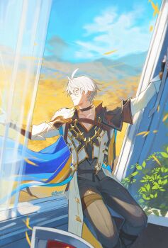 1boy ^_^ antenna_hair arm_up armor artist_name black_choker black_gloves black_pants black_shirt blue_cape blue_ribbon branch cape chair choker closed_eyes closed_mouth cloud coat collarbone commentary day english_commentary field gloves gold_trim hair_between_eyes happy highres honkai:_star_rail honkai_(series) long_sleeves looking_to_the_side male_focus moonya mountainous_horizon neck_tattoo open_clothes open_coat pants parted_bangs pauldrons phainon_(honkai:_star_rail) ribbon shirt short_hair shoulder_armor signature simple_background single_pauldron sitting sitting_in_window sky smile solo sun_symbol sun_tattoo tan tattoo thigh_strap wheat_field white_background white_coat white_hair window