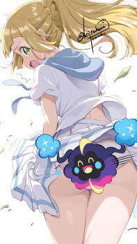 1girl :o ass blonde_hair blue_sailor_collar censored censored_ass commission convenient_censoring cosmog floating_hair gen_7_pokemon green_eyes high_ponytail highres kitahara_tomoe_(kitahara_koubou) leaf legendary_pokemon lillie_(pokemon) miniskirt nintendo novelty_censor panties pixiv_commission pokemon pokemon_(creature) pokemon_sm ponytail sailor_collar shirt signature simple_background skirt thighs underwear upskirt white_background white_panties white_shirt wind wind_lift