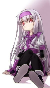 1girl ainu_clothes black_gloves black_pantyhose boots breasts commentary_request detached_sleeves fate/grand_order fate_(series) fingerless_gloves fur_trim gloves hairband highres long_hair looking_at_viewer pantyhose purple_hairband purple_scarf purple_sleeves red_eyes sash scarf shirt sidelocks sitonai_(fate) sitting skirt small_breasts solo white_hair white_shirt white_skirt yubeshi_(zecxl)