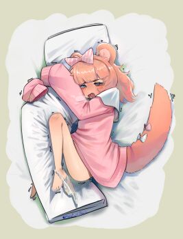 1girl @_@ absurdres animal_ears blue_eyes blush chromu furrowed_brow heavy_breathing highres hugging_object indie_virtual_youtuber loli manapointbasic on_bed open_mouth panties panties_around_leg panties_around_one_ankle panties_around_one_leg pillow pillow_hug raccoon_ears sleeves_past_wrists solo tail twitching underwear virtual_youtuber