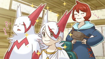 1boy 1girl alternate_hairstyle arezu_(pokemon) arrow_(symbol) blurry blurry_background blush brown_bag brown_eyes chair closed_eyes closed_mouth commentary_request cowlick gen_3_pokemon hair_over_one_eye hands_on_own_hips hiraisaki hood hood_down hooded_jacket indoors jacket jewelry necklace nintendo pokemon pokemon_(creature) pokemon_legends:_arceus rei_(pokemon) shirt smile sparkle translation_request white_shirt zangoose