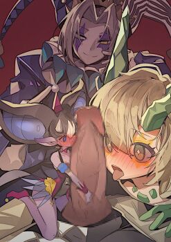 1boy 2girls absurdres blue_eyes character_request clown_clan_flare clown_crew_biancaviso duel_monster erection extra_eyes facial_mark green_eyes green_horns harlequin hat heterochromia highres horns jester jester_cap jester_costume mini_person minigirl multicolored_hat multiple_girls neck_ruff penis ro_g_(oowack) size_difference striped_clothes striped_headwear tongue tongue_out vertical-striped_clothes vertical-striped_headwear yu-gi-oh!