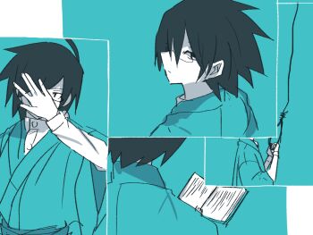 1boy ahoge aqua_background aqua_kimono black_hair book collage commentary_request covering_own_face from_behind from_side glasses head_out_of_frame highres holding holding_book itoshiki_nozomu japanese_clothes kimono looking_at_viewer looking_back magusagari male_focus monochrome multiple_views noose reading sayonara_zetsubou_sensei shosei white_background