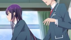 1boy 1girl animated anime_screenshot ass assertive_female bent_over black_hair blue_jacket breasts buttjob buttjob_over_clothes dry_humping from_side hair_ribbon haite_kudasai_takamine-san huge_ass humping jacket large_breasts long_hair long_sleeves purple_hair red_eyes ribbon school_uniform seductive_gaze seductive_smile shirota_takashi shirt sidelocks skirt smile sound tagme takamine_takane teasing thighs video white_ribbon white_shirt