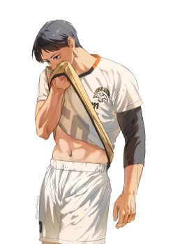 abs black_hair blue_eyes clothes_lift compression_sleeve cowboy_shot fingernails haikyuu!! highres kageyama_tobio lifting_own_clothes meofthoois navel shirt_lift shorts simple_background sportswear sweat twitter_username volleyball_uniform white_background white_shorts