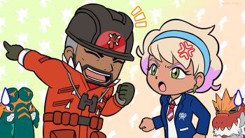 Rule 34 | 1boy, 1girl, :o, anger vein, aqua hairband, binoculars, black eyes, black gloves, black hair, black helmet, blonde hair, blue jacket, bright pupils, chibi, chibi only, clenched hand, closed eyes, coat, collared shirt, commentary request, copperajah, dark-skinned male, dark skin, dyanmax band, earrings, expedition uniform, eyelashes, eyeshadow, facial hair, father and daughter, gen 6 pokemon, gen 8 pokemon, gloves, green eyes, grey hair, hairband, helmet, highres, jacket, jewelry, kuroki shigewo, lightning bolt earrings, lightning bolt symbol, long sleeves, makeup, multicolored hair, necktie, nintendo, notice lines, open clothes, open jacket, open mouth, orange coat, peonia (pokemon), peony (pokemon), pointing, pokemon, pokemon (creature), pokemon swsh, purple eyeshadow, purple hair, red necktie, shirt, short hair, simple background, smile, sweatdrop, teeth, two-tone hair, tyrantrum, white background, white pupils, white shirt