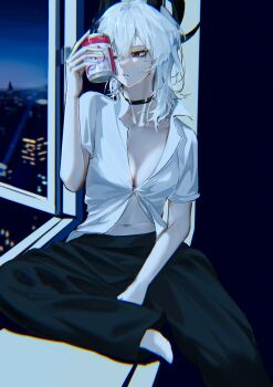 1girl absurdres alternate_costume black_choker black_horns black_pants breasts can choker chromatic_aberration cleavage commentary_request curled_horns drink_can hair_between_eyes highres holding holding_can horns large_breasts long_hair looking_outside mole mole_under_eye navel no_bra on_windowsill open_window pants parted_lips partially_unbuttoned phyllosl red_eyes shirt solo stomach white_hair white_shirt window wuthering_waves zani_(wuthering_waves)