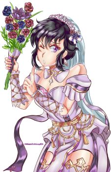 ;o absurdres black_hair blue_flower blue_rose bouquet breasts bridal_veil bride choker cleavage dress earrings fire_emblem fire_emblem:_genealogy_of_the_holy_war fire_emblem_heroes flower hair_flower hair_ornament highres holding holding_bouquet jewelry larcei_(bride_of_astra)_(fire_emblem) larcei_(fire_emblem) moonlightguyeh nintendo official_alternate_costume one_eye_closed pelvic_curtain red_flower red_rose rose short_hair sidelocks standing strapless strapless_dress thighhighs tiara vambraces veil wedding_dress white_background