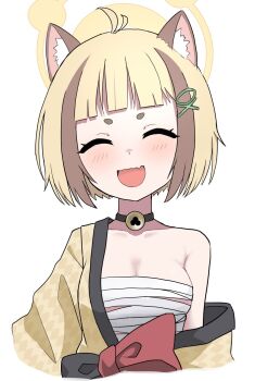 1girl animal_ears antenna_hair arata_(blue_archive) blonde_hair blue_archive blunt_bangs blush breasts chest_sarashi closed_eyes commentary facing_viewer fang halo halulu highres japanese_clothes kimono medium_breasts multicolored_hair open_mouth raccoon_ears sarashi simple_background single_bare_shoulder skin_fang smile solo streaked_hair two-tone_hair upper_body white_background yellow_halo yellow_kimono