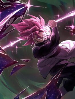 Rule 34 | absurdres, black pants, black shirt, commentary request, dragon ball, dragon ball super, earrings, energy blade, goku black, grey background, grey eyes, grey tunic, highres, holding, holding scythe, initials-drawing, jewelry, male focus, pants, pink hair, potara earrings, red sash, sash, scythe, shirt, single earring, smirk, spiked hair, super saiyan, super saiyan rose, tunic