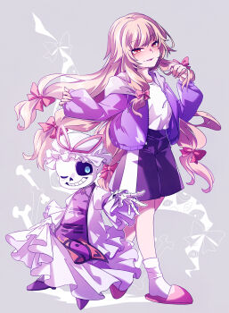 1boy 1girl androgynous black_shorts blonde_hair blue_eyes blue_jacket bone bow commentary_request cosplay costume_switch dress gap_(touhou) grin hair_bow hair_flowing_over hat hat_ribbon highres hood hooded_jacket jacket loafers long_hair mob_cap one_eye_closed oshino_no purple_dress purple_footwear purple_tabard ribbon sans_(undertale) sans_(undertale)_(cosplay) shirt shoes shorts skeleton smile socks tabard touhou trigram undertale utdr_(toby_fox) white_shirt yakumo_yukari yakumo_yukari_(cosplay) yellow_eyes