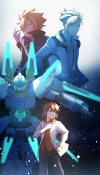 Rule 34 | 2boys, absurdres, age comparison, aqua eyes, asemu asuno, black jacket, black pants, blonde hair, blue eyes, brown hair, closed mouth, gloves, gundam, gundam age, gundam age-fx, highres, holding, hoshi (artoria 0518), jacket, kio asuno, low ponytail, mecha, mobile suit, multiple boys, multiple views, open clothes, open jacket, pants, ponytail, red shirt, robot, science fiction, shirt, v-fin, white gloves, white jacket