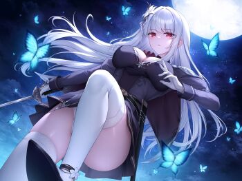 1girl absurdres blue_butterfly breasts bug butterfly closed_mouth flower full_moon gloves hair_flower hair_ornament highres holding holding_sword holding_weapon insect large_breasts long_hair long_sleeves looking_at_viewer moon night original outdoors oyuwari panties rapier red_eyes solo sword thighhighs thighs underwear variant_set weapon white_gloves white_hair white_panties white_thighhighs