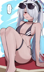 Rule 34 | ..., 1girl, ass, bare arms, bare legs, bare shoulders, barefoot, bikini, black bikini, blue archive, blush, breasts, dark-skinned female, dark skin, eyewear on head, grey hair, hair over one eye, halo, highres, iori (blue archive), iori (swimsuit) (blue archive), long hair, looking at viewer, official alternate costume, open mouth, pointy ears, purple halo, red eyes, sitting, small breasts, solo, spoken ellipsis, sunglasses, swimsuit, thighs, twintails, yun (kbdenz9)