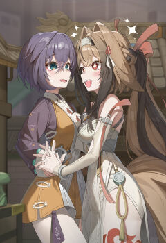 2girls architecture belle_(zenless_zone_zero) black_hair blush breasts brown_hair china_dress chinese_clothes dress east_asian_architecture elbow_gloves gloves green_eyes hair_intakes hair_ribbon highres holding_hands krux_(k_krux) long_hair long_sleeves looking_at_another medium_breasts multiple_girls open_mouth ribbon short_hair smile sparkling_eyes very_long_hair white_dress white_gloves ye_shunguang zenless_zone_zero