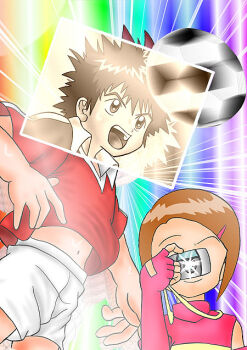 Rule 34 | 00s, 1boy, 1girl, ball, camera, couple, digimon, digimon adventure 02, elbow gloves, fingerless gloves, gloves, motomiya daisuke, photo (object), short hair, soccer ball, telstar, yagami hikari