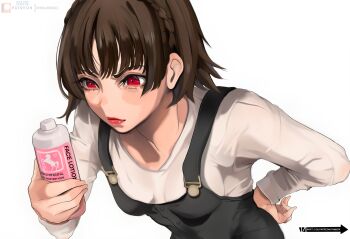 Rule 34 | 1girl, black overalls, bottle, breasts, brown hair, commentary, english commentary, highres, holding, holding bottle, lady shin, lotion bottle, niijima makoto, overalls, persona, persona 5, red eyes, shirt, short hair, simple background, small breasts, solo, white background, white shirt
