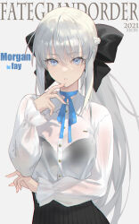 Rule 34 | 1girl, black bow, black bra, blue choker, blue eyes, blush, bow, bra, bra visible through clothes, braid, breasts, choker, collared shirt, cover, cover page, dress shirt, fate/grand order, fate (series), french braid, front-hook bra, grey hair, hair between eyes, hair bow, highres, large breasts, long hair, long sleeves, looking at viewer, morgan le fay (chaldea satellite station) (fate), morgan le fay (fate), neck ribbon, office lady, parted lips, pencil skirt, ponytail, ribbon, see-through, see-through shirt, seon (seonon ), shirt, sidelocks, skirt, solo, underwear, upper body, very long hair, wet, wet clothes, wet shirt, white shirt