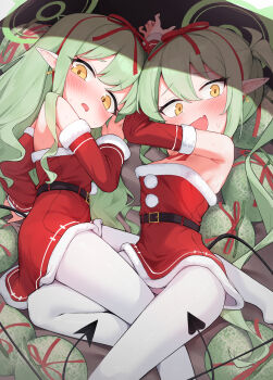 2girls absurdres bare_shoulders belt blue_archive blush breasts commentary_request demon_tail detached_sleeves dress fur-trimmed_dress fur_trim green_hair halo highres hikari_(blue_archive) long_hair looking_at_viewer multiple_girls nozomi_(blue_archive) open_mouth pantyhose pita_goral pointy_ears red_dress santa_costume santa_dress siblings sisters small_breasts smile tail twins white_pantyhose yellow_eyes