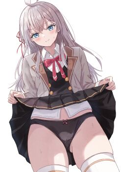 1girl absurdres ahoge alisa_mikhailovna_kujou anger_vein azakura_(beniyomogi) black_panties black_skirt black_vest blue_eyes blush clothes_lift collared_shirt commentary dress_shirt gluteal_fold grey_hair grey_jacket hair_ribbon highres jacket lifting_own_clothes long_hair neck_ribbon open_clothes open_jacket panties pleated_skirt pout red_ribbon ribbon school_uniform shirt simple_background skindentation skirt skirt_lift solo sweatdrop thighhighs tokidoki_bosotto_roshia-go_de_dereru_tonari_no_alya-san underwear vest white_background white_shirt white_thighhighs
