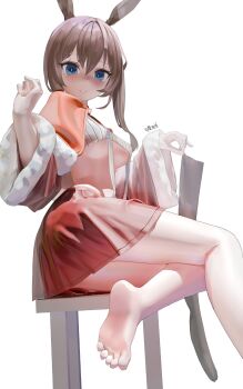 1girl amiya_(arknights) animal_ears arknights barefoot blue_eyes browne_hair feet highres kumo_(user_ykxe8585) long_hair looking_at_viewer smile socks soles toes unworn_socks