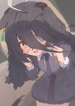 1girl :d absurdres animal_ear_piercing animal_ears black_hair black_jacket black_necktie black_skirt blush collared_shirt commentary cosplay cowboy_shot double-parted_bangs english_commentary eyepatch hair_between_eyes hair_ornament highres horse_ears jacket long_sleeves looking_at_viewer manhattan_cafe_(umamusume) monitoring_(vocaloid) multicolored_hair necktie open_mouth pleated_skirt shirt skirt smile solo ssekine05 streaked_hair textless_version tie_clip umamusume white_hair white_shirt yellow_eyes